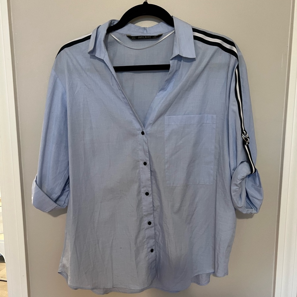 Zara baby blue linen shirt with stripes